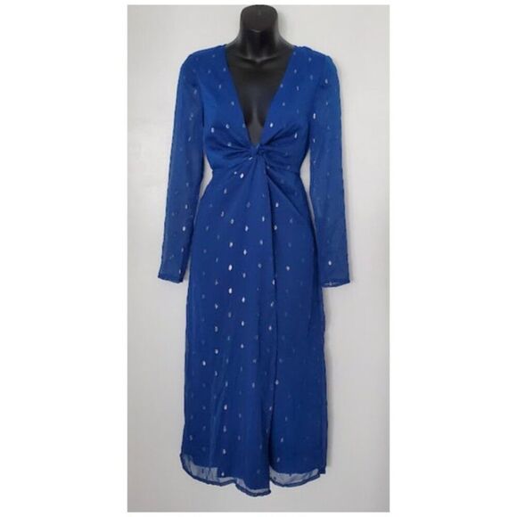NWT NSR Royal Blue Metallic Dot Plunging V-Neck Midi Dress Sz S Cocktail Holiday - Picture 2 of 13